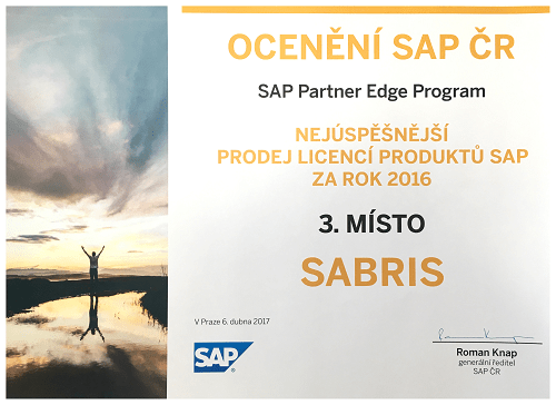 Sabris 3 misto za nejuspesnejsi prodej SAP licenci 2016 small - Společnost Sabris CZ opět dosáhla statusu SAP Gold Partner - Sabris.com