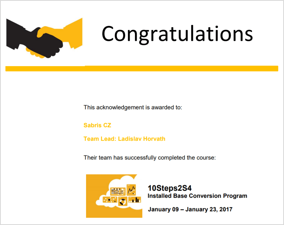 certifikat sap conversion 2017 - Sabris má vyškolený a certifikovaný tým na konverze na SAP S/4HANA - Sabris.com